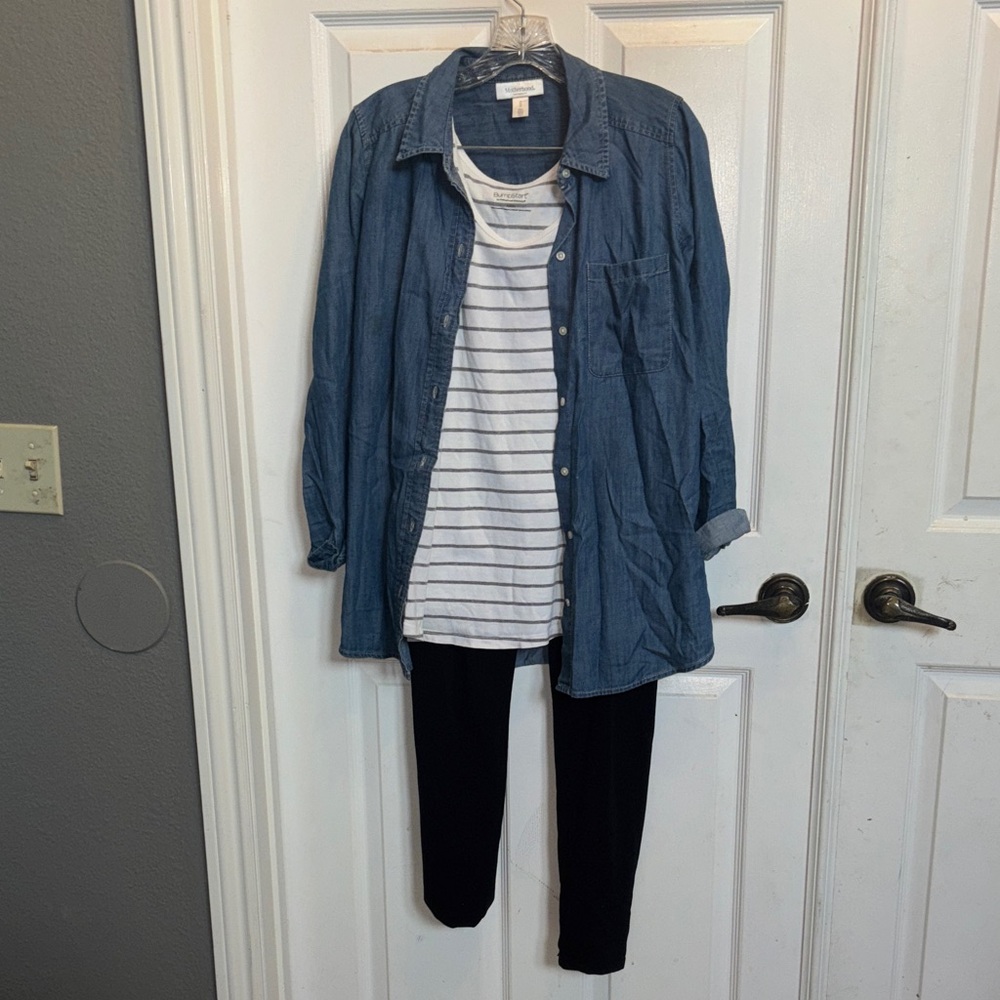 Blue Denim Shirt with Striped Tee and Black Pants 3piece  maternity bundle
